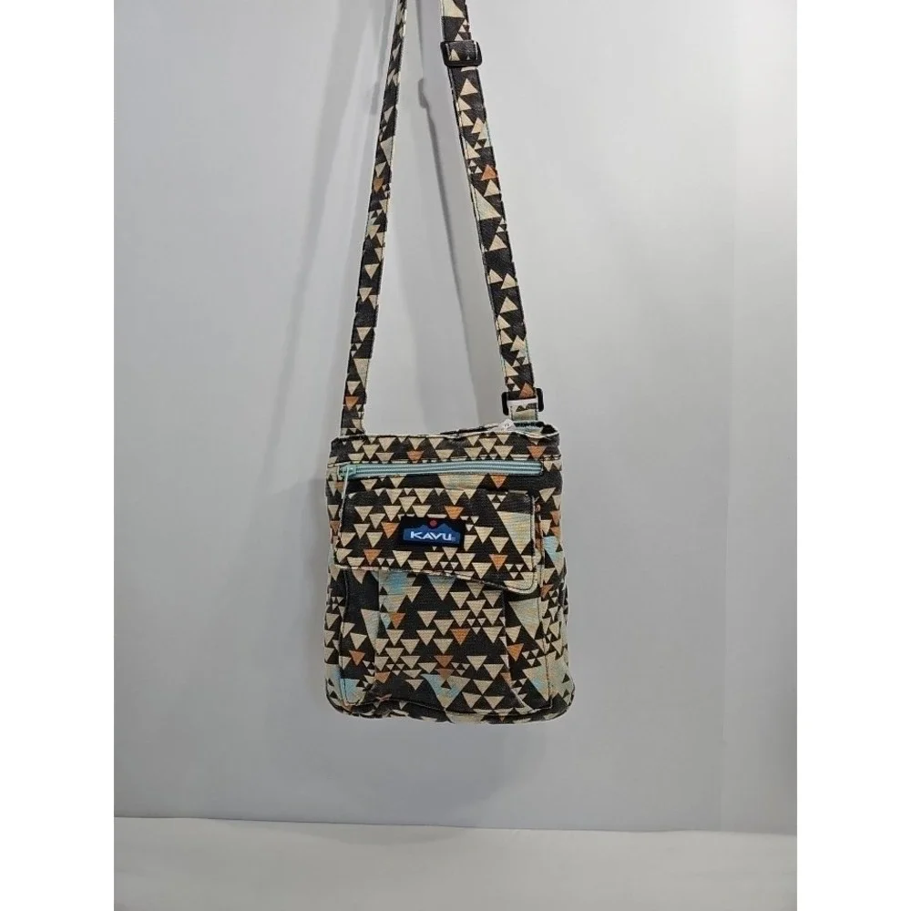KAVU Crossbody Bag Geometric Pattern Adjustable Strap Zipper Accent Blue Lining